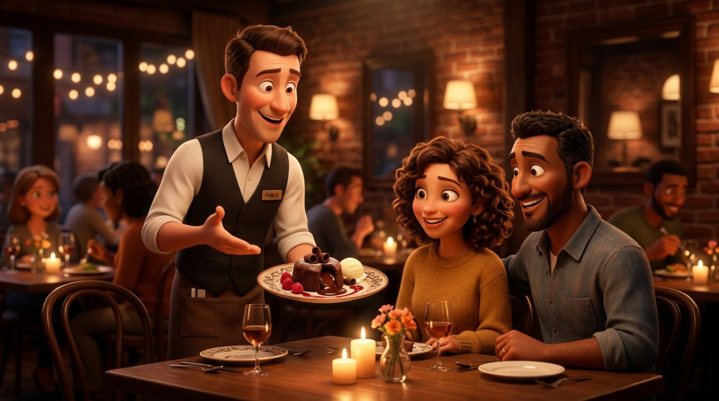Ilustración de un camarero sonriente presentando un postre de chocolate a una pareja en una mesa de restaurante acogedor