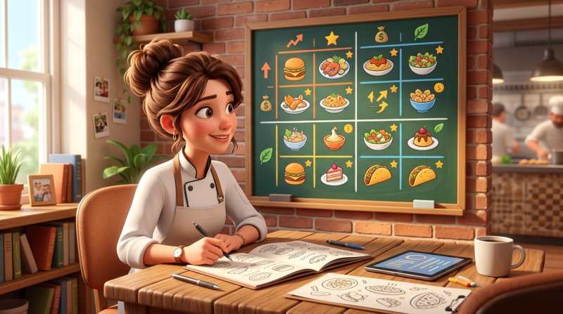 Chef propietaria analizando su carta frente a una pizarra con la matriz de ingeniería de menús en cuatro cuadrantes