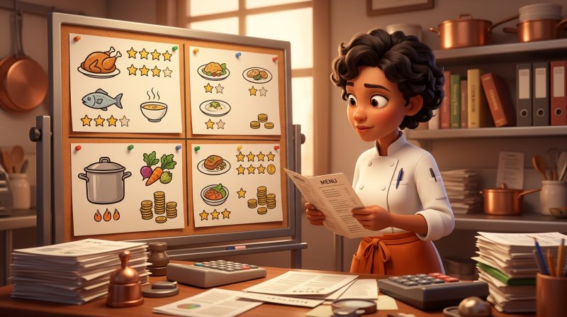Chef proprietária a analisar o menu diante de um quadro com a matriz do menu engineering em quatro quadrantes