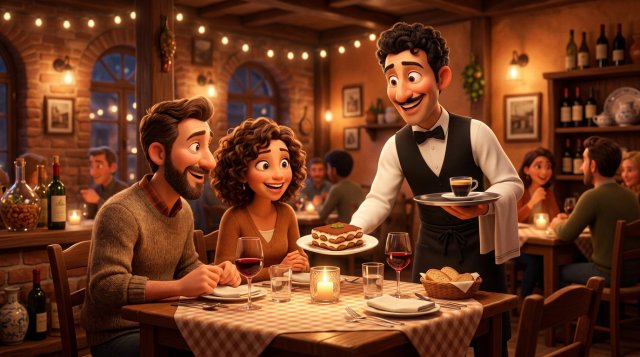 Illustrazione di un cameriere sorridente che presenta un dolce e un caffè a una coppia seduta a un tavolo di trattoria