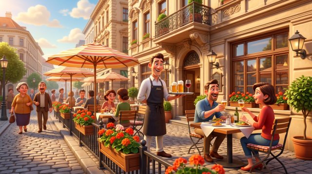 Illustration eines sonnigen Wiener Schanigartens mit gedeckten Tischen, Sonnenschirmen und Blumenkisten vor einem traditionellen Gasthaus
