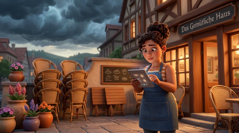 Restaurantbesitzerin plant mit dem Tablet die Tischbelegung neu, während Regenwolken über ihrer Terrasse aufziehen