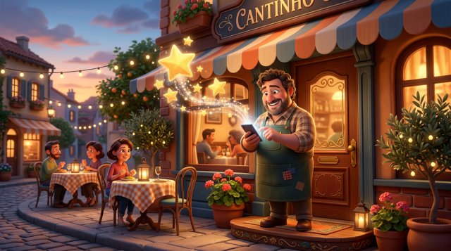 Ilustração de um restaurador sorridente à porta do seu restaurante a olhar para estrelas de avaliações de clientes no telefone
