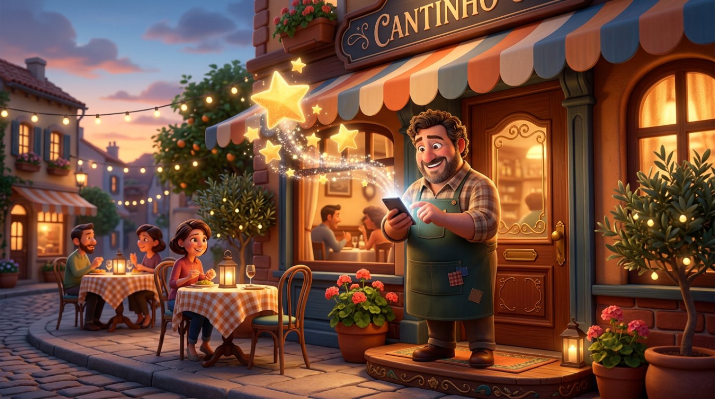 Ilustração de um restaurador sorridente à porta do seu restaurante a olhar para estrelas de avaliações de clientes no telefone