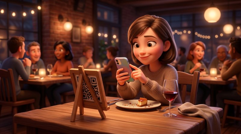 Cliente sentado à mesa de um restaurante a apontar o telefone para um pequeno cavalete com código QR