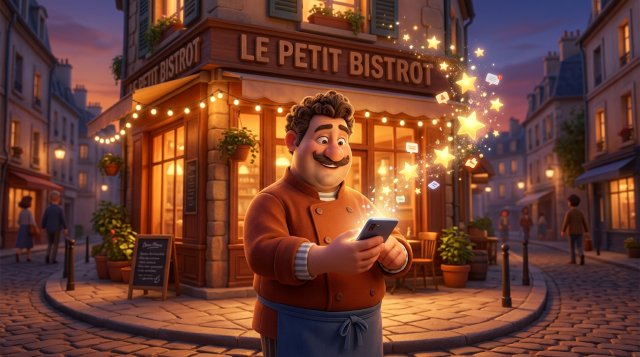 Illustration d'un restaurateur souriant devant son établissement, regardant des étoiles d'avis clients sur son téléphone