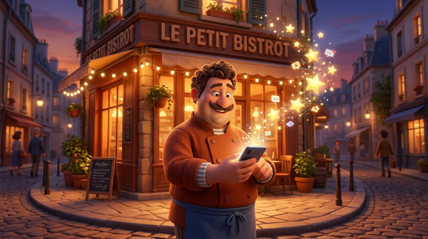 Illustration d'un restaurateur souriant devant son établissement, regardant des étoiles d'avis clients sur son téléphone