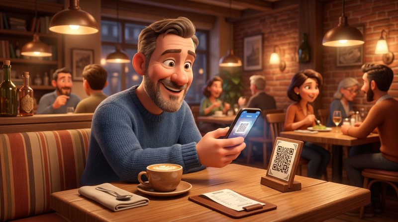 Un client attablé scanne un QR code posé sur la table d'un restaurant avec son téléphone