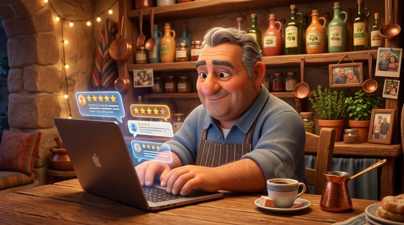Εστιάτορας στο γραφείο της ταβέρνας του πληκτρολογεί απάντηση σε αξιολογήσεις πελατών στο λάπτοπ, με ένα ελληνικό καφεδάκι δίπλα του