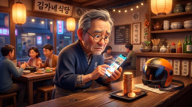 작은 식당 카운터에서 배달앱 주문 화면이 켜진 스마트폰과 줄어드는 동전 더미를 근심스럽게 바라보는 사장님의 3D 일러스트