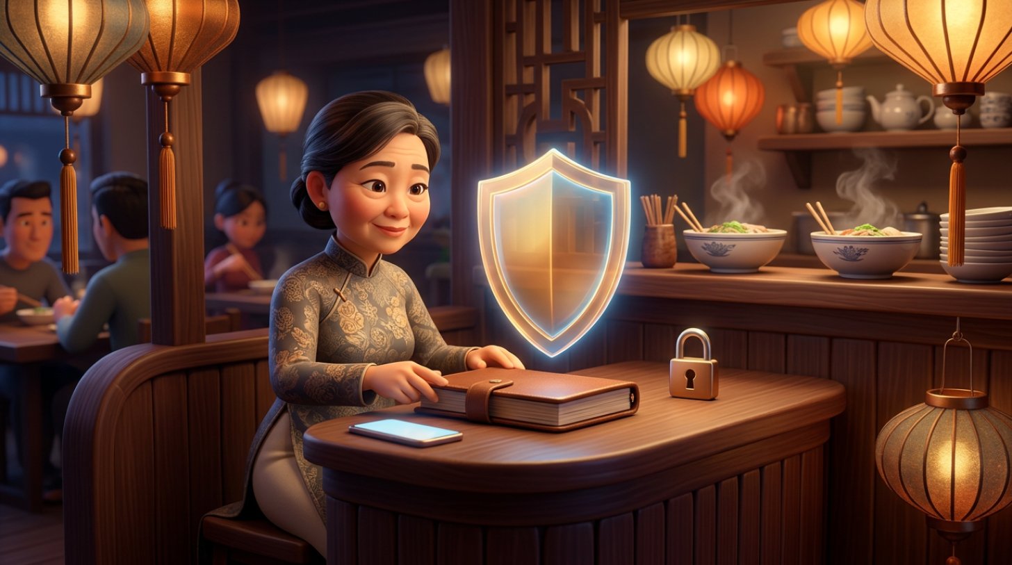 Chủ nhà hàng Việt Nam đứng ở quầy lễ tân buổi tối, phía trên cuốn sổ đặt bàn là tấm khiên trong suốt phát sáng tượng trưng cho việc bảo vệ dữ liệu khách hàng