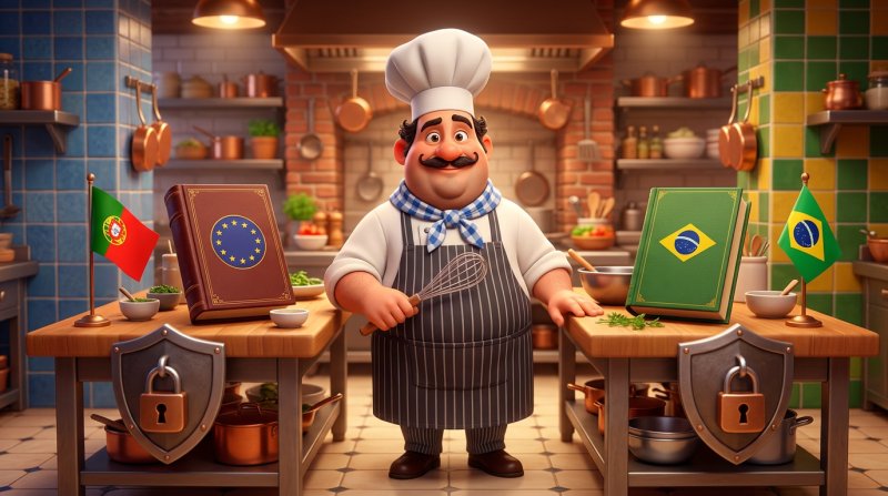 Ilustração de um chef entre duas mesas de trabalho, uma com a bandeira de Portugal e um livro de leis europeu, outra com a bandeira do Brasil e um livro de leis brasileiro, ambas protegidas por um escudo com cadeado