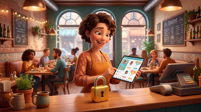 Ilustración de una restauradora consultando en una tableta las fichas de clientes de su restaurante, con un candado dorado sobre el mostrador que simboliza la protección de los datos
