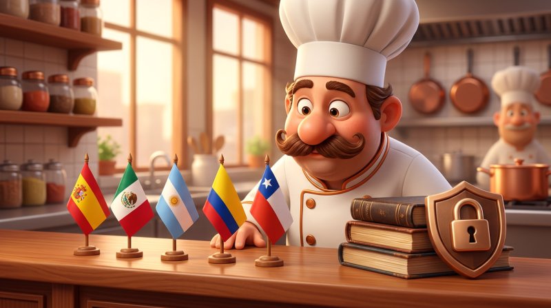 Ilustración de un chef observando las banderas de España, México, Argentina, Colombia y Chile junto a libros de leyes y un escudo con candado