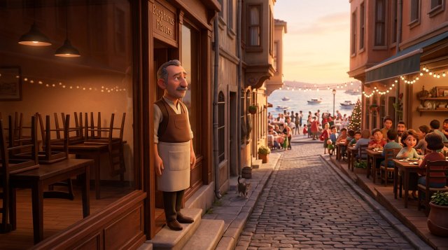 Sakin bir şehir sokağındaki restoranının kapısında düşünceli duran işletmeci ve uzakta dolu teraslarıyla hareketli bir sahil kasabası