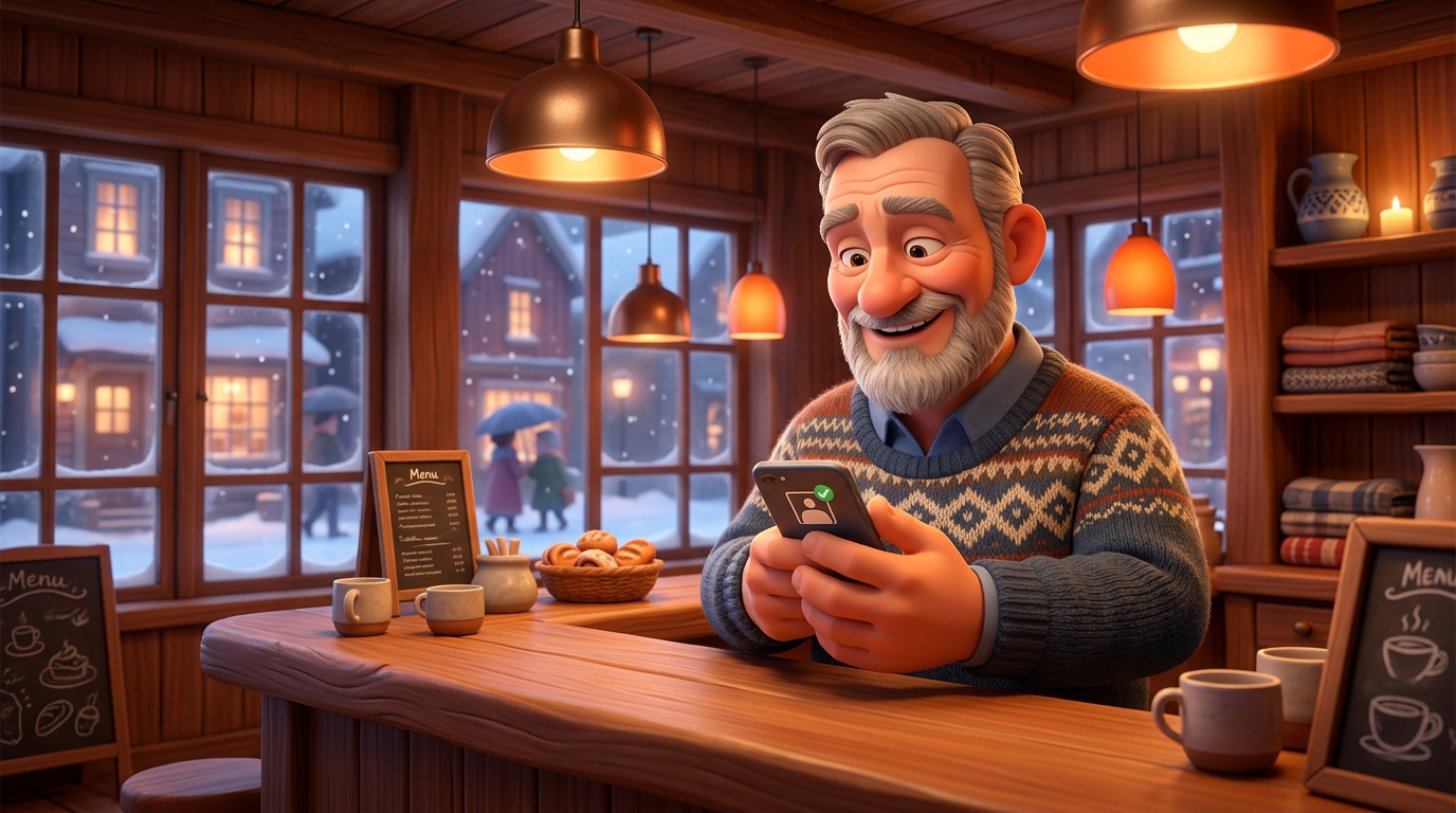 Veitingamaður á bak við afgreiðsluborðið á notalegum veitingastað skoðar símann þar sem staðfest borðapöntun birtist