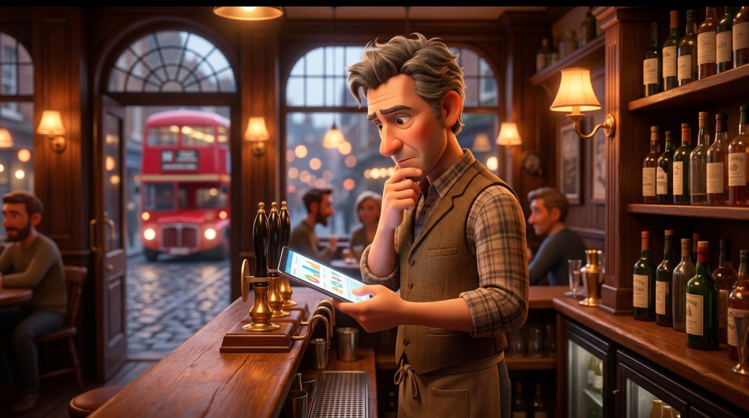 British gastropub owner at his bar counter weighing up options on a tablet, a red double-decker bus passing outside the window