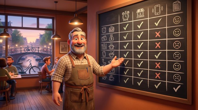 Restauranthouder voor een groot krijtbord met een handgetekende vergelijkingstabel in een gezellig Nederlands restaurant