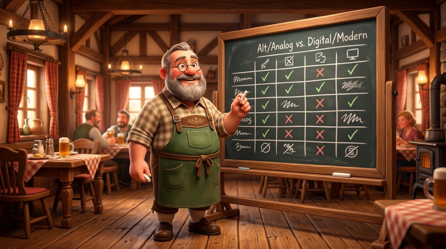 Gastwirt vor einer großen Schiefertafel mit handgezeichneter Vergleichstabelle in einem gemütlichen Gasthaus