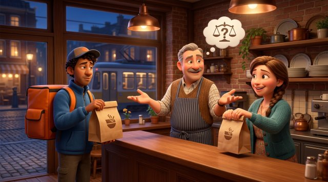 Illustratie van een restauranthouder achter de balie, links een wachtende bezorger met thermobox en rechts een gast die haar afhaalbestelling ophaalt