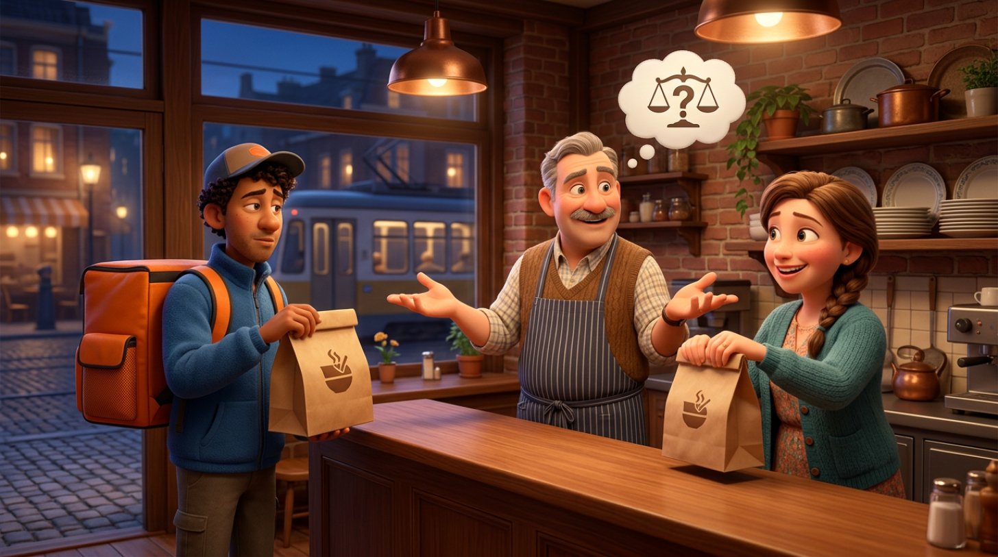Illustratie van een restauranthouder achter de balie, links een wachtende bezorger met thermobox en rechts een gast die haar afhaalbestelling ophaalt