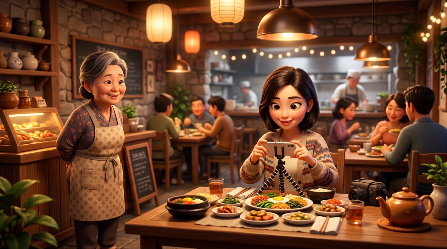 식당 테이블에서 블로거가 삼각대에 올린 휴대전화로 요리를 촬영하고, 앞치마를 두른 사장님이 카운터 옆에서 지켜보는 일러스트