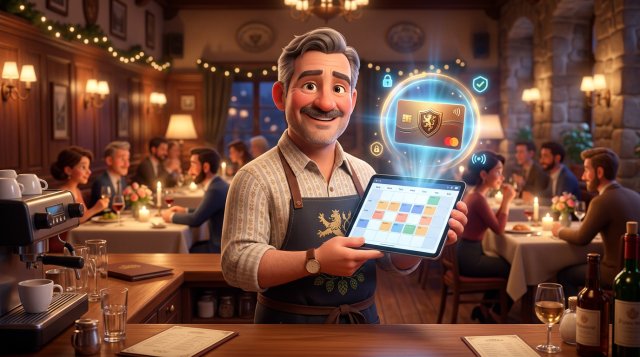 Restauratér s tabletem s kalendářem rezervací, nad kterým se vznáší platební karta v ochranném kruhu