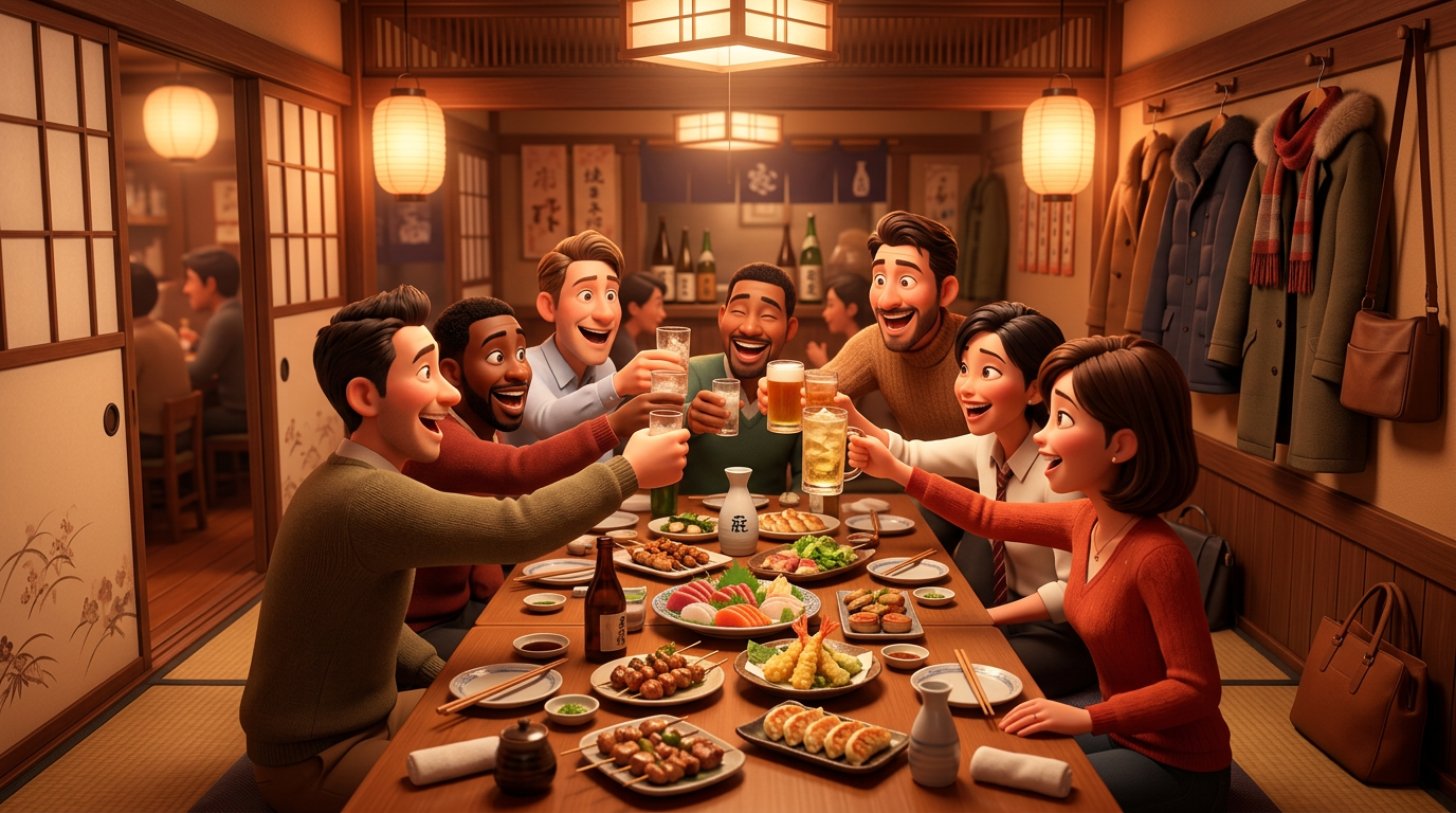 座敷の個室で乾杯する会社の忘年会グループと料理の並んだテーブル