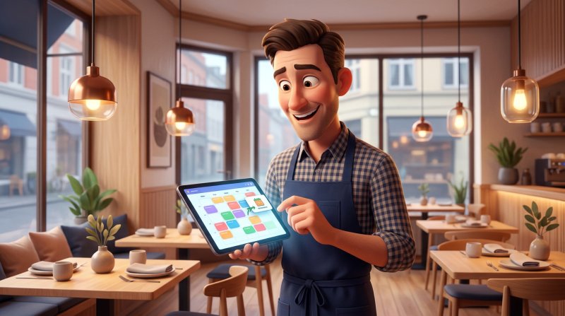 Restauratør kigger på en tablet, hvor en ny booking glider ind i ugens bookingoversigt