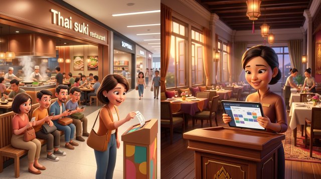 ภาพเปรียบเทียบสองฝั่งของร้านอาหารไทย ฝั่งซ้ายลูกค้ากดรับบัตรคิวหน้าร้านในห้าง ฝั่งขวาเจ้าของร้านดูปฏิทินการจองบนแท็บเล็ตที่โต๊ะต้อนรับ