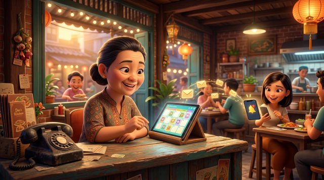 เจ้าของร้านอาหารไทยดูแท็บเล็ตแสดงปฏิทินการจอง ขณะระบบส่งอีเมลแจ้งเตือนไปยังมือถือลูกค้าโดยอัตโนมัติ และโทรศัพท์ตั้งโต๊ะถูกวางพักไว้