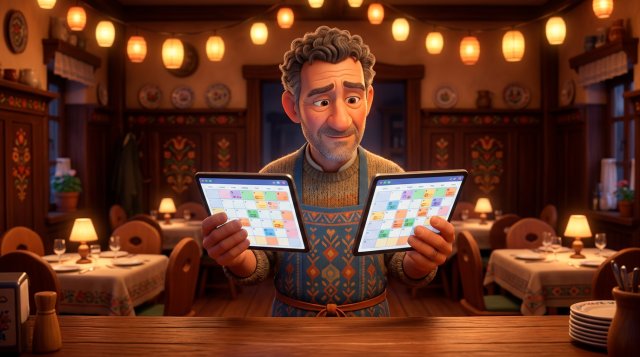 Zamyšlený restauratér večer porovnává na dvou tabletech dva různé rezervační kalendáře