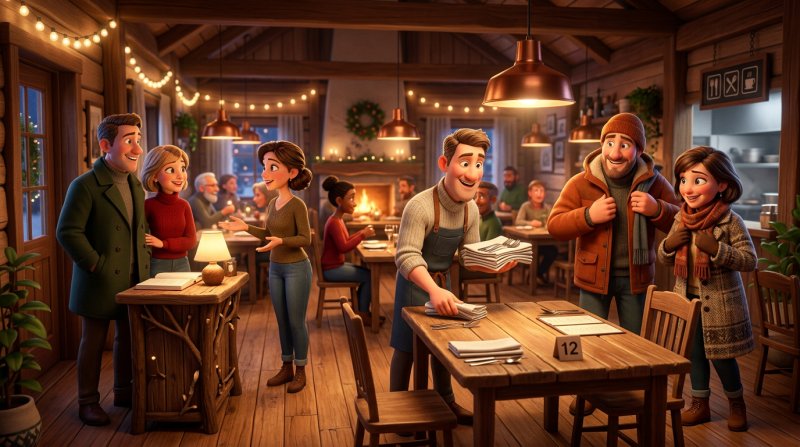 Gäster som lämnar sitt bord medan ett par väntar på att bli placerat i en livlig restaurangmatsal
