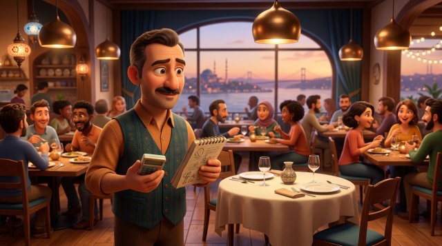 Dolu bir restoranın ortasında boş kalan hazırlanmış masaya elinde hesap makinesi ve defterle düşünceli biçimde bakan restoran işletmecisinin 3D illüstrasyonu