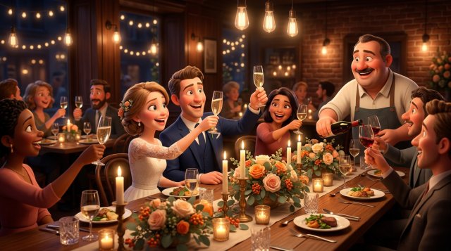 Nygift par skåler med gjestene ved et festdekket langbord i en intim restaurant