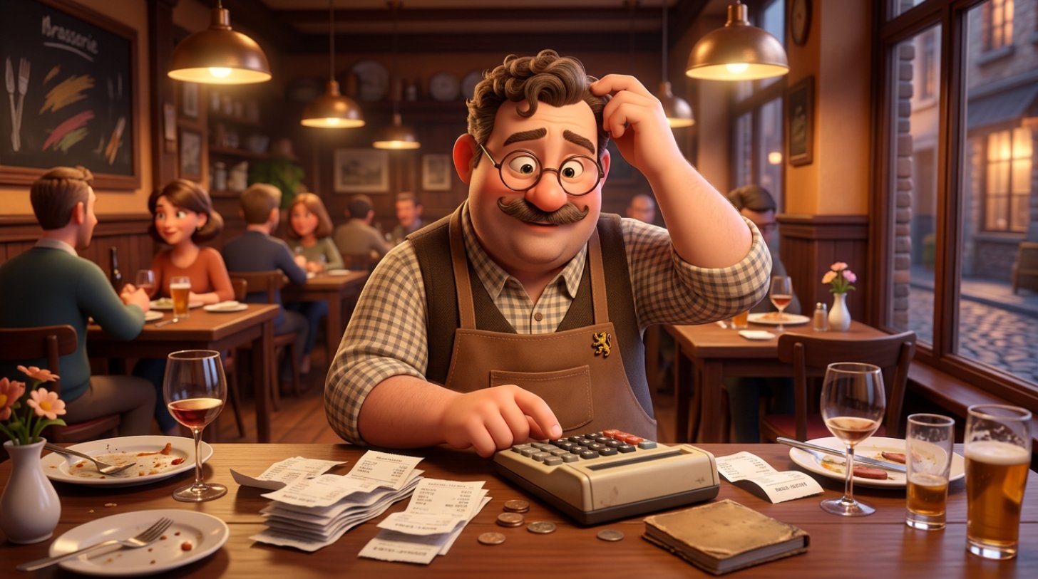 Illustratie van een Vlaamse restaurantuitbater die aan een tafel met borden en glazen kassatickets narekent met een rekenmachine