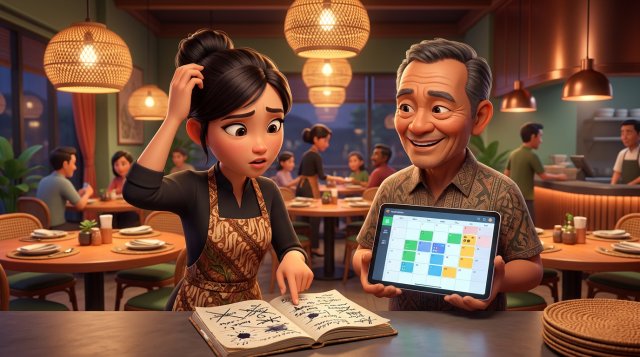Ilustrasi 3D staf restoran Indonesia menatap buku tulis reservasi yang penuh coretan di samping tablet yang menampilkan kalender reservasi rapi