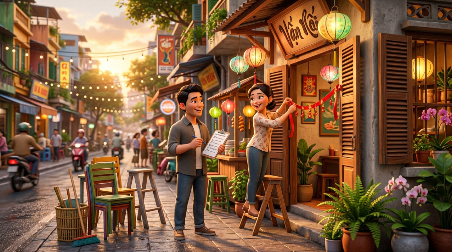 Cặp vợ chồng trẻ Việt Nam đứng trước nhà hàng mới của mình lúc hoàng hôn, chồng cầm bảng checklist khai trương, vợ treo dải ruy băng đỏ trước cửa, xung quanh là đèn lồng, cây xanh và thang gợi cảnh chuẩn bị cuối cùng