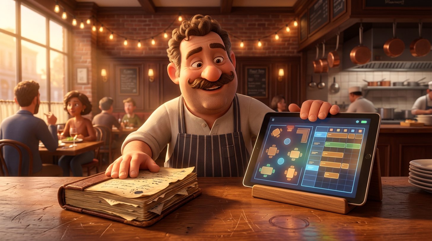 Restaurateur souriant posant une main sur un vieux cahier de réservations et l'autre sur une tablette affichant le planning de salle