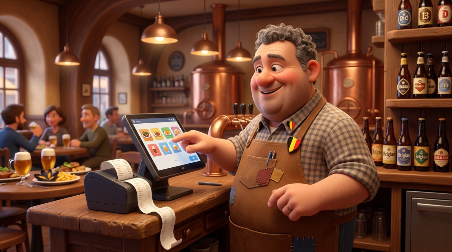 Illustration d'un restaurateur belge encodant une commande sur une caisse tactile dans une brasserie, un ticket de caisse s'imprime
