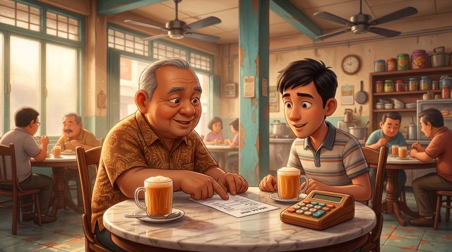 Pemilik restoran Malaysia menerangkan resit kepada pelanggan di meja marmar kopitiam, dengan kalkulator dan secawan teh tarik di antara mereka