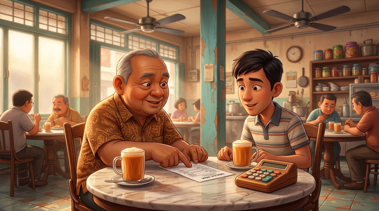 Pemilik restoran Malaysia menerangkan resit kepada pelanggan di meja marmar kopitiam, dengan kalkulator dan secawan teh tarik di antara mereka