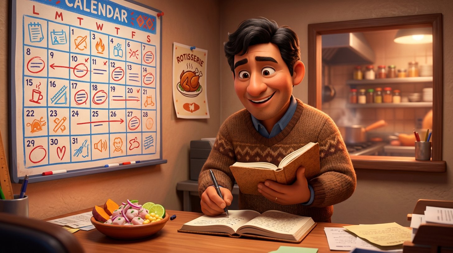 Dueño de restaurante peruano planificando el año con su cuaderno frente a un calendario de pared con fechas marcadas en rojo