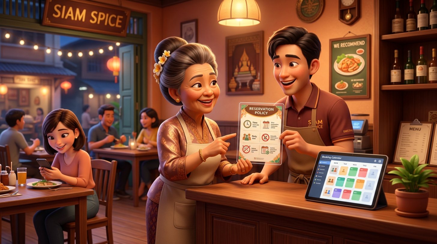 เจ้าของร้านอาหารไทยและพนักงานกำลังดูการ์ดนโยบายการจองที่เคาน์เตอร์ ข้างแท็บเล็ตแสดงปฏิทินการจอง ขณะลูกค้าอ่านนโยบายบนมือถือ
