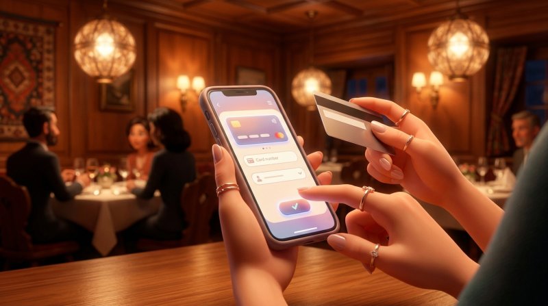 Cliente che inserisce i dati della carta di credito sul telefono per garantire la riservazione di un tavolo