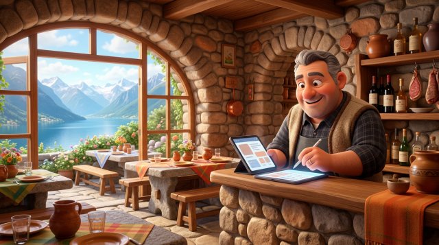 Illustrazione di un ristoratore ticinese al banco del suo grotto che annota una riservazione, con il lago e le montagne visibili dalla finestra