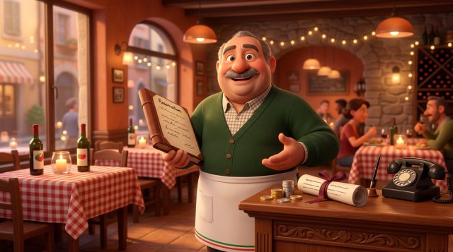 Illustrazione di un ristoratore italiano al podio d'ingresso della sua trattoria, con agenda delle prenotazioni, monete e un accordo firmato