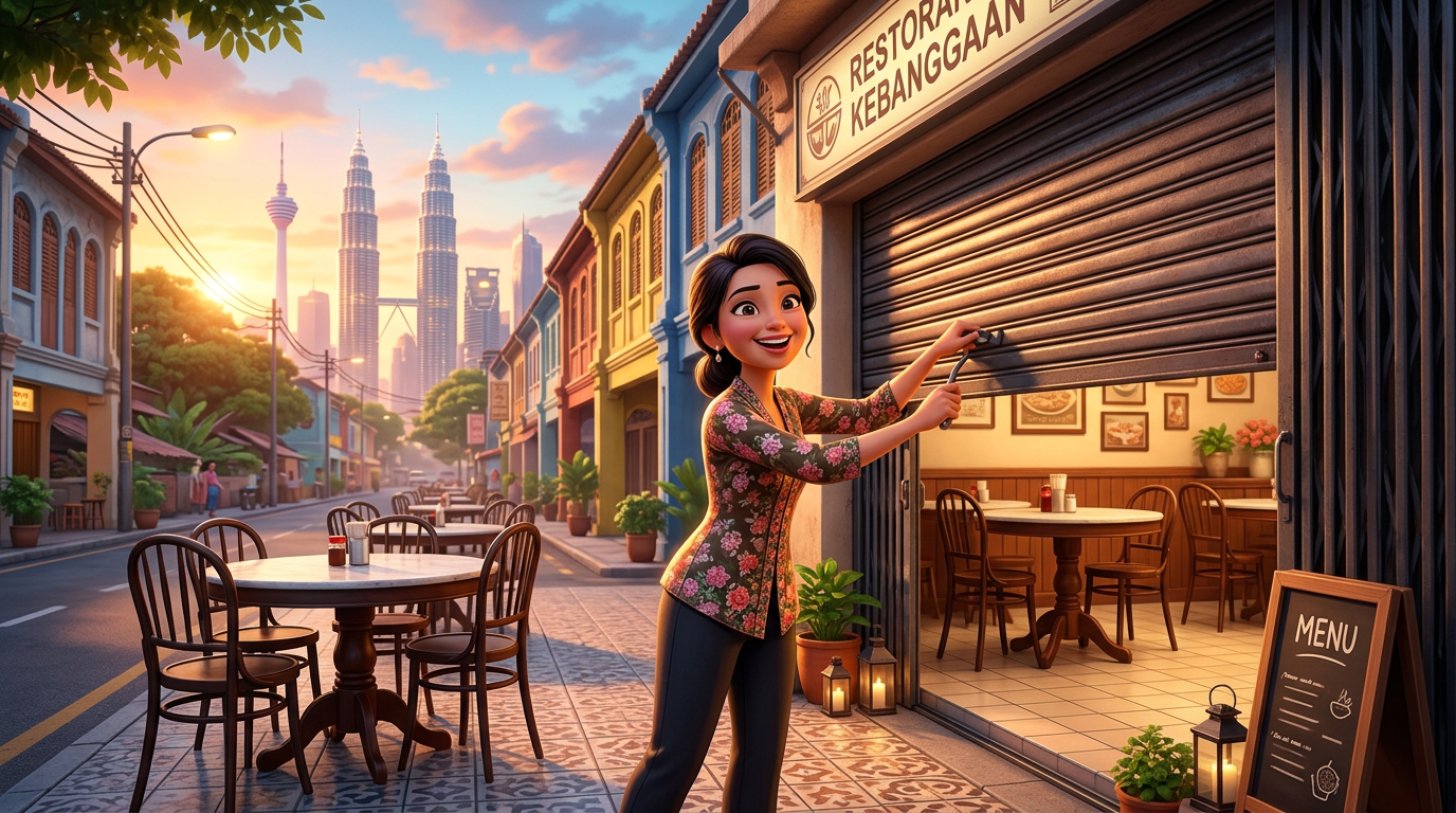 Ilustrasi pemilik baharu membuka pintu bidai kedai makannya di lot tepi jalan pada waktu subuh, dengan deretan rumah kedai dan latar bandar Malaysia