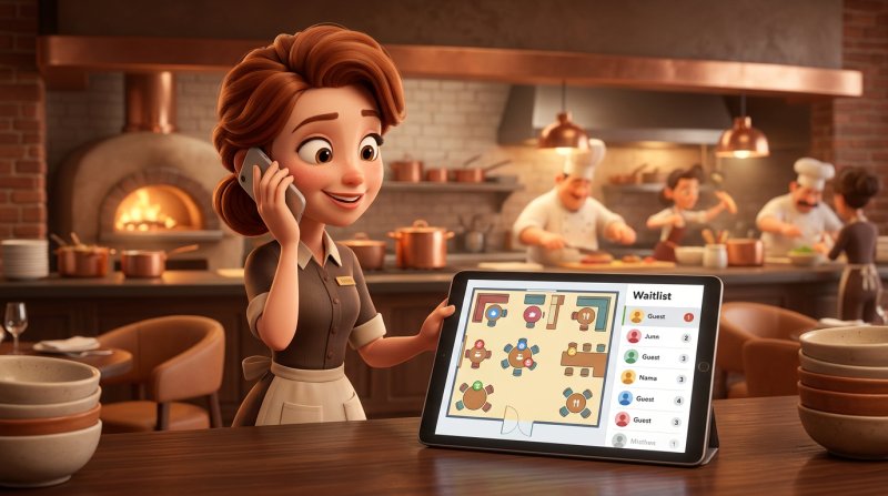 Servírka u pultu kontroluje na tabletu plán plně obsazeného sálu se seznamem čekajících hostů