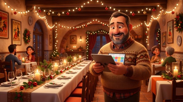 Restaurador revisa el calendario de reservas en una tablet junto a una larga mesa festiva preparada para una cena de empresa en un restaurante decorado por Navidad